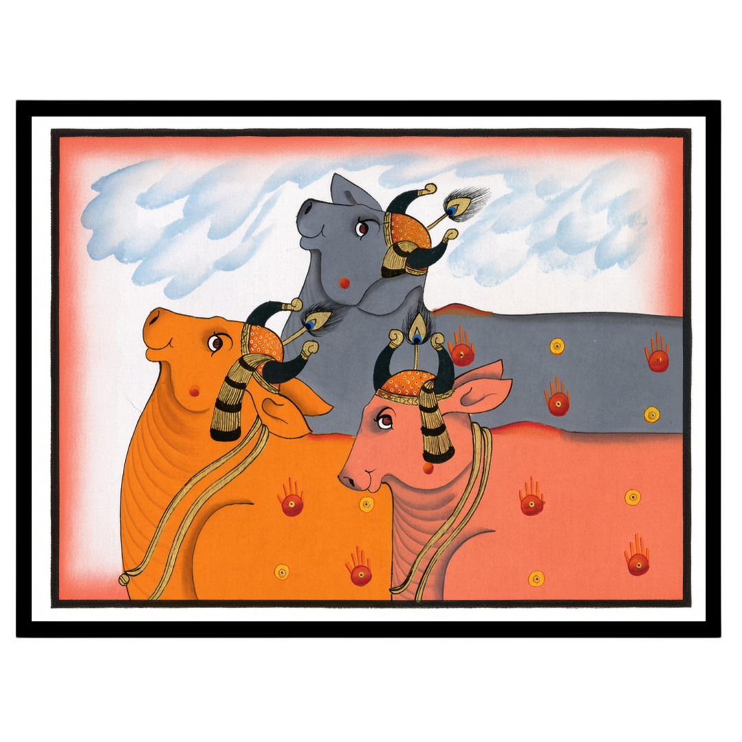 Experience the enchanting allure of Pichwai art with this captivating depiction of Kamdhenu cows, for dwelling