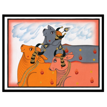 Experience the enchanting allure of Pichwai art with this captivating depiction of Kamdhenu cows, for dwelling