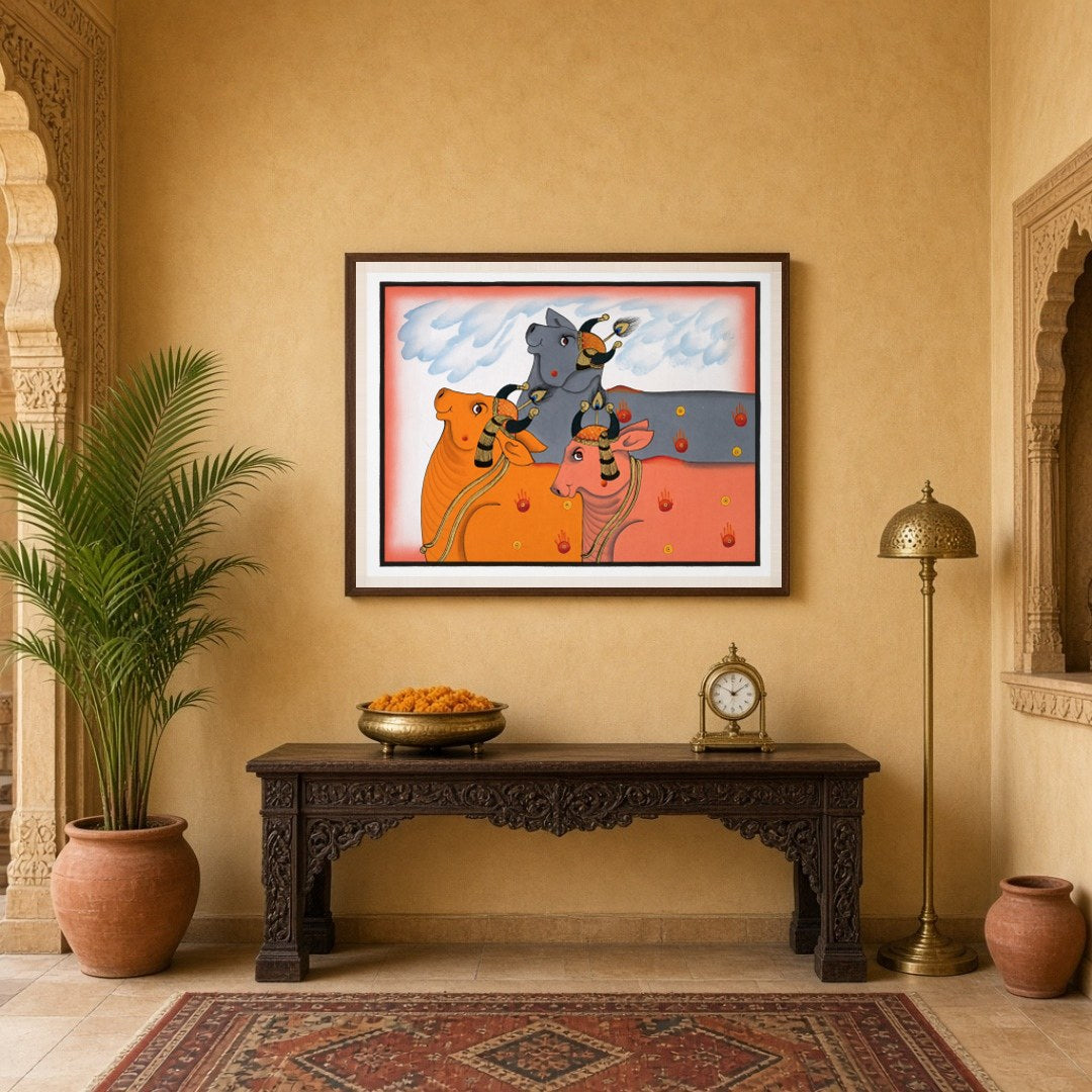 Experience the enchanting allure of Pichwai art with this captivating depiction of Kamdhenu cows, for Entrance