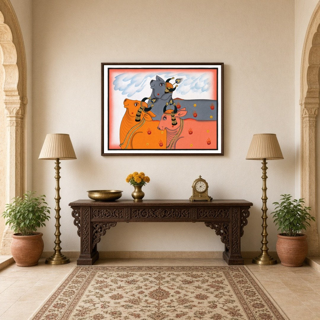 Experience the enchanting allure of Pichwai art with this captivating depiction of Kamdhenu cows, for Hallway