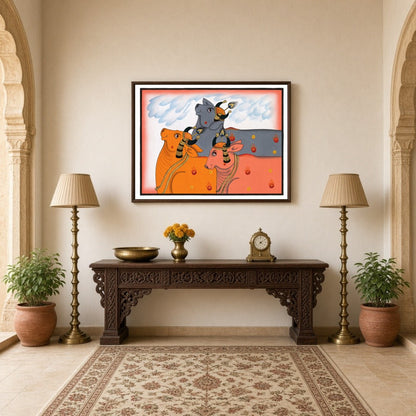 Experience the enchanting allure of Pichwai art with this captivating depiction of Kamdhenu cows, for Hallway