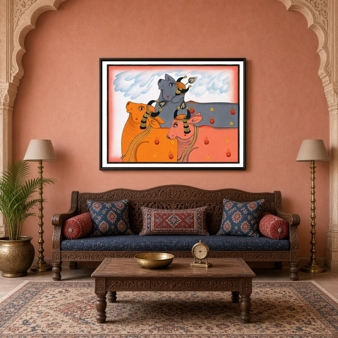 Experience the enchanting allure of Pichwai art with this captivating depiction of Kamdhenu cows, for Living Room