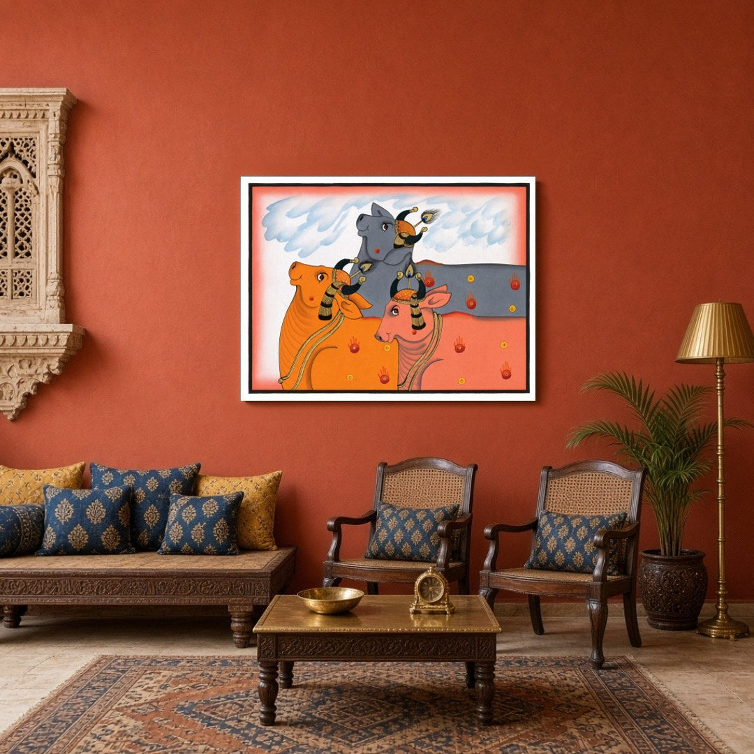 Experience the enchanting allure of Pichwai art with this captivating depiction of Kamdhenu cows, for Sitting Area