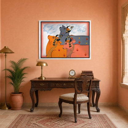 Experience the enchanting allure of Pichwai art with this captivating depiction of Kamdhenu cows, for Study