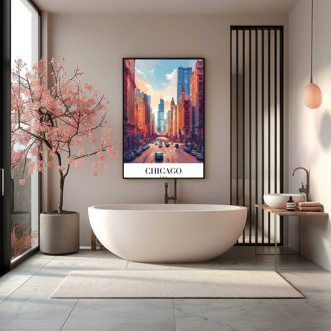 Immerse yourself in the bustling energy of Chicago with this stunning wall art. Featuring a vibrant for Bathroom