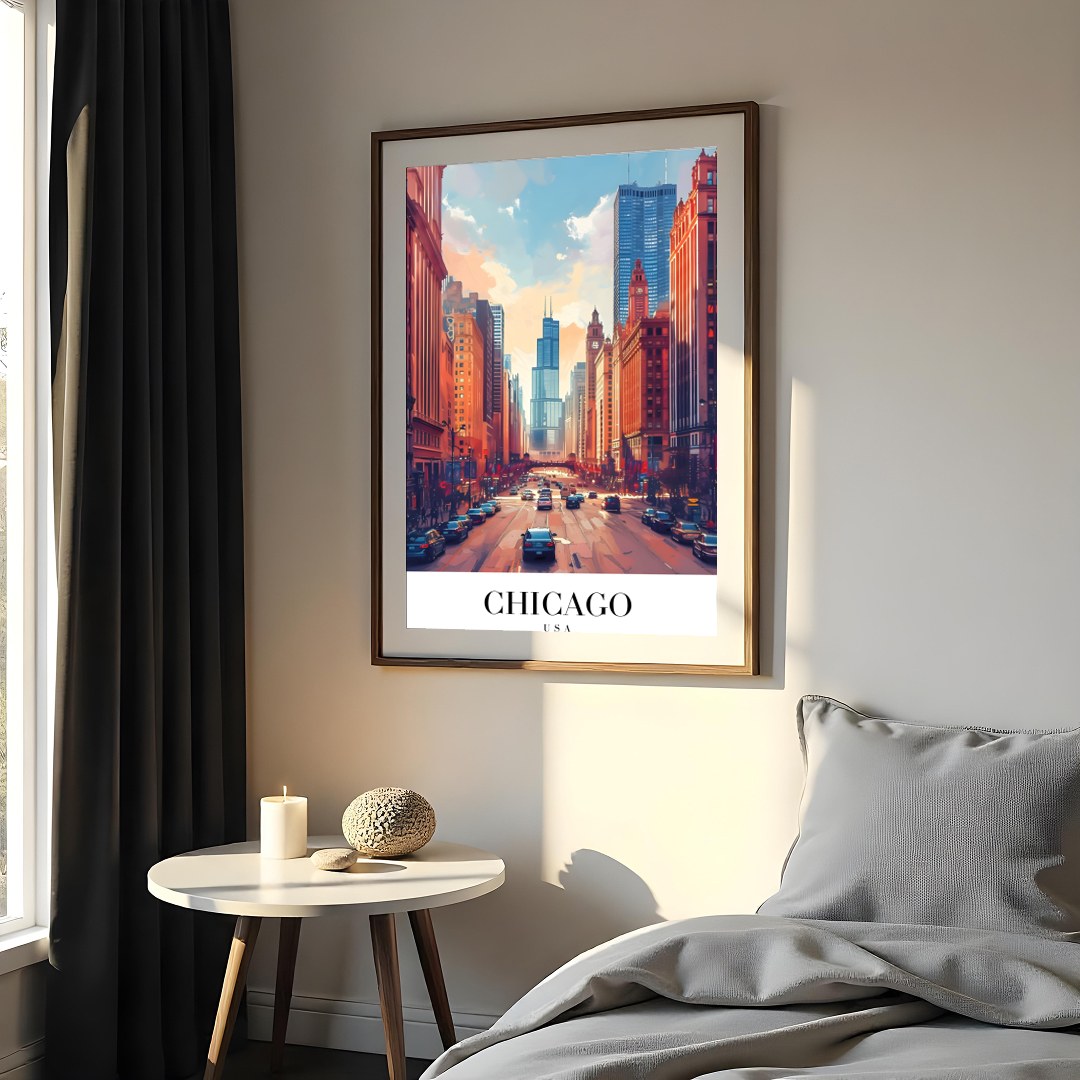 Immerse yourself in the bustling energy of Chicago with this stunning wall art. Featuring a vibrant for Bedroom