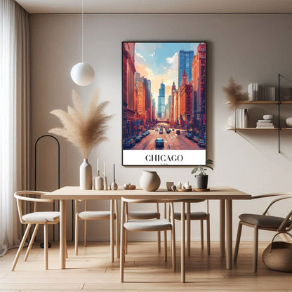Immerse yourself in the bustling energy of Chicago with this stunning wall art. Featuring a vibrant for Dining