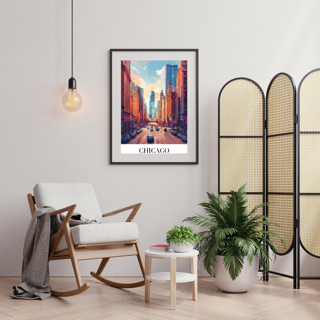 Immerse yourself in the bustling energy of Chicago with this stunning wall art. Featuring a vibrant for Foyer