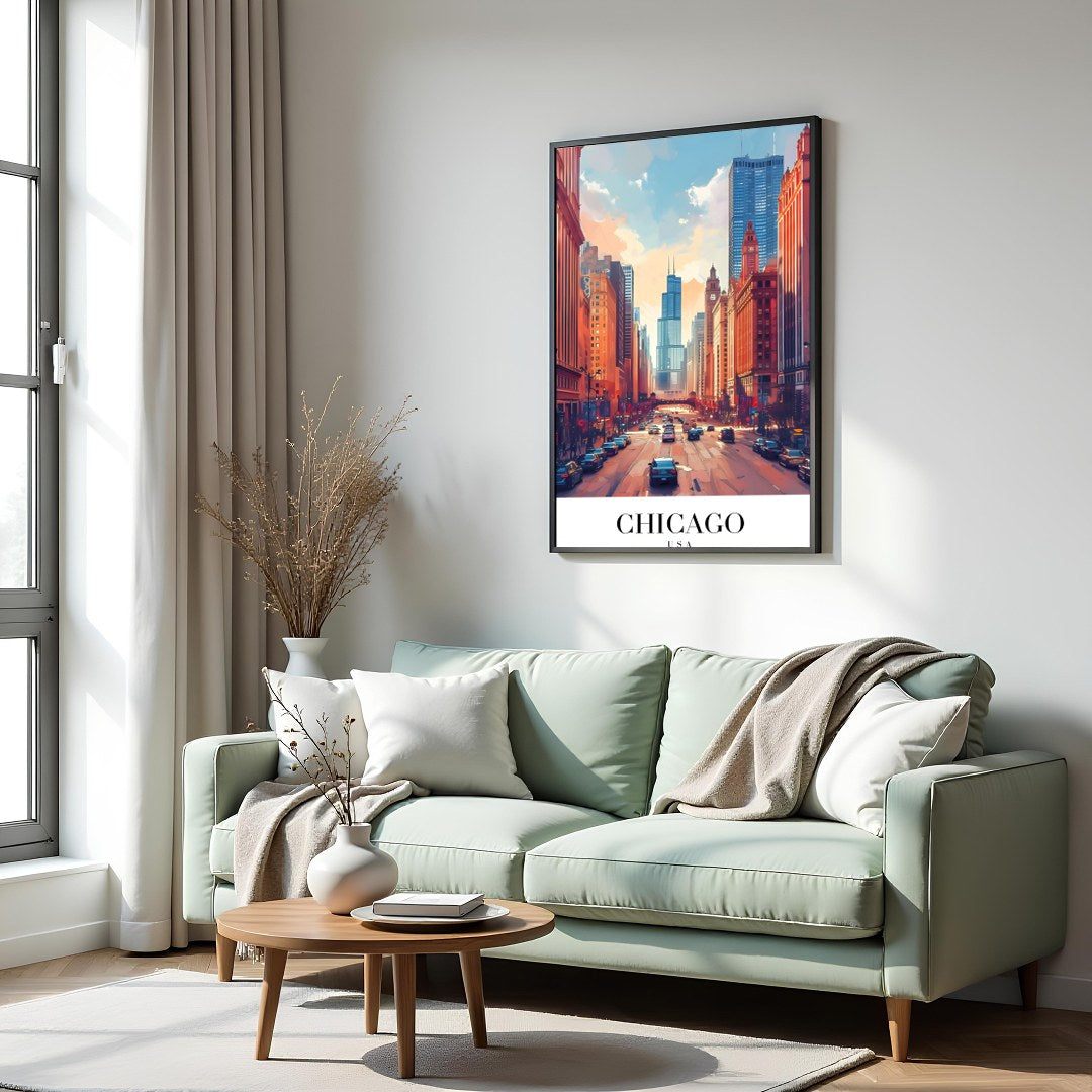 Immerse yourself in the bustling energy of Chicago with this stunning wall art. Featuring a vibrant for Hall