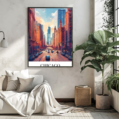 Immerse yourself in the bustling energy of Chicago with this stunning wall art. Featuring a vibrant for Living Room
