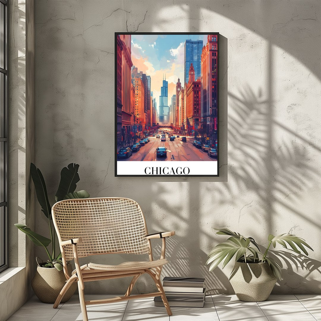 Immerse yourself in the bustling energy of Chicago with this stunning wall art. Featuring a vibrant for Sitting Area