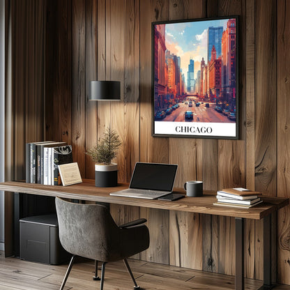 Immerse yourself in the bustling energy of Chicago with this stunning wall art. Featuring a vibrant for Study and Office