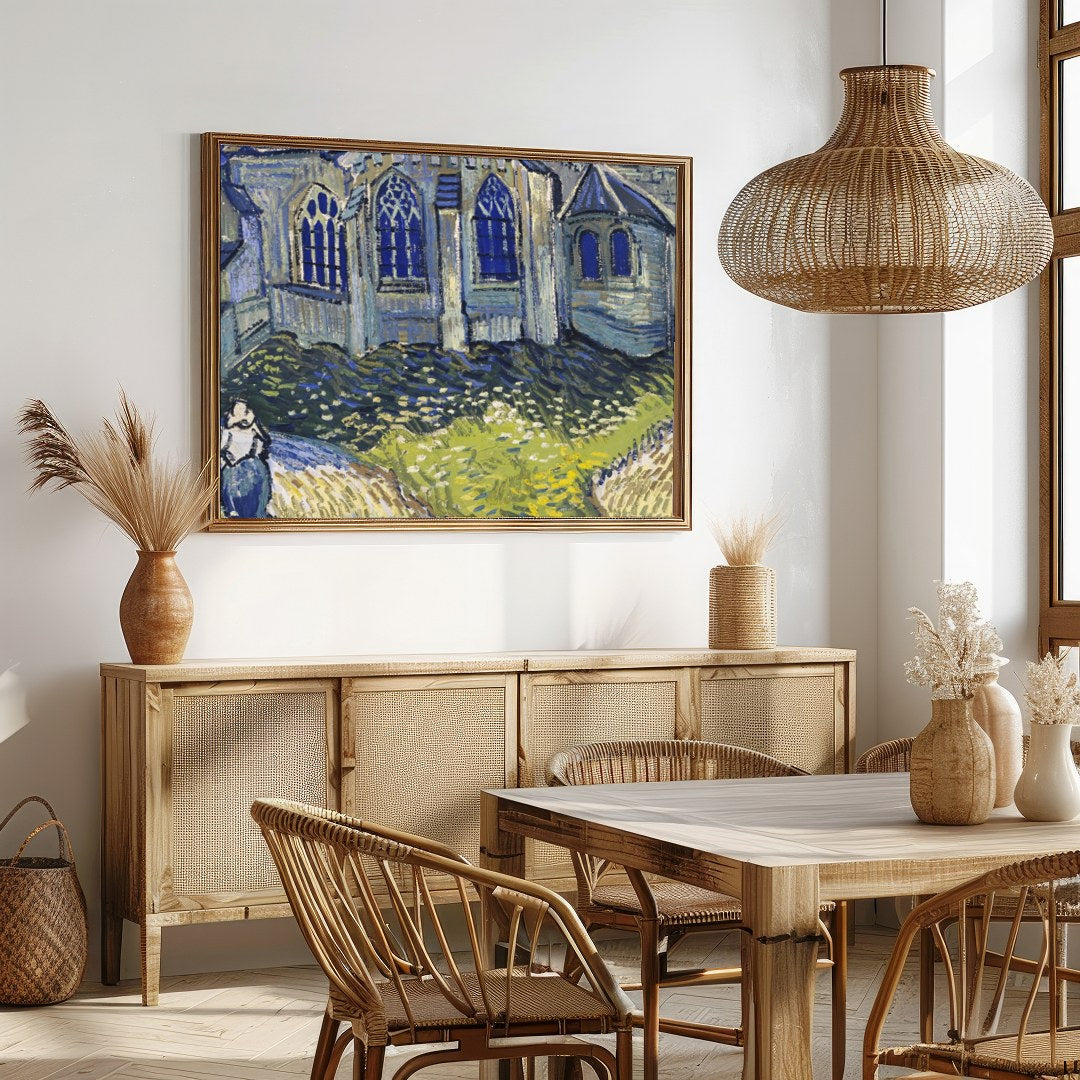 Immerse yourself in a radiant portrayal of a quaint village chapel, where vivid blues and vibrant for Dining