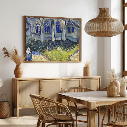 Immerse yourself in a radiant portrayal of a quaint village chapel, where vivid blues and vibrant for Dining