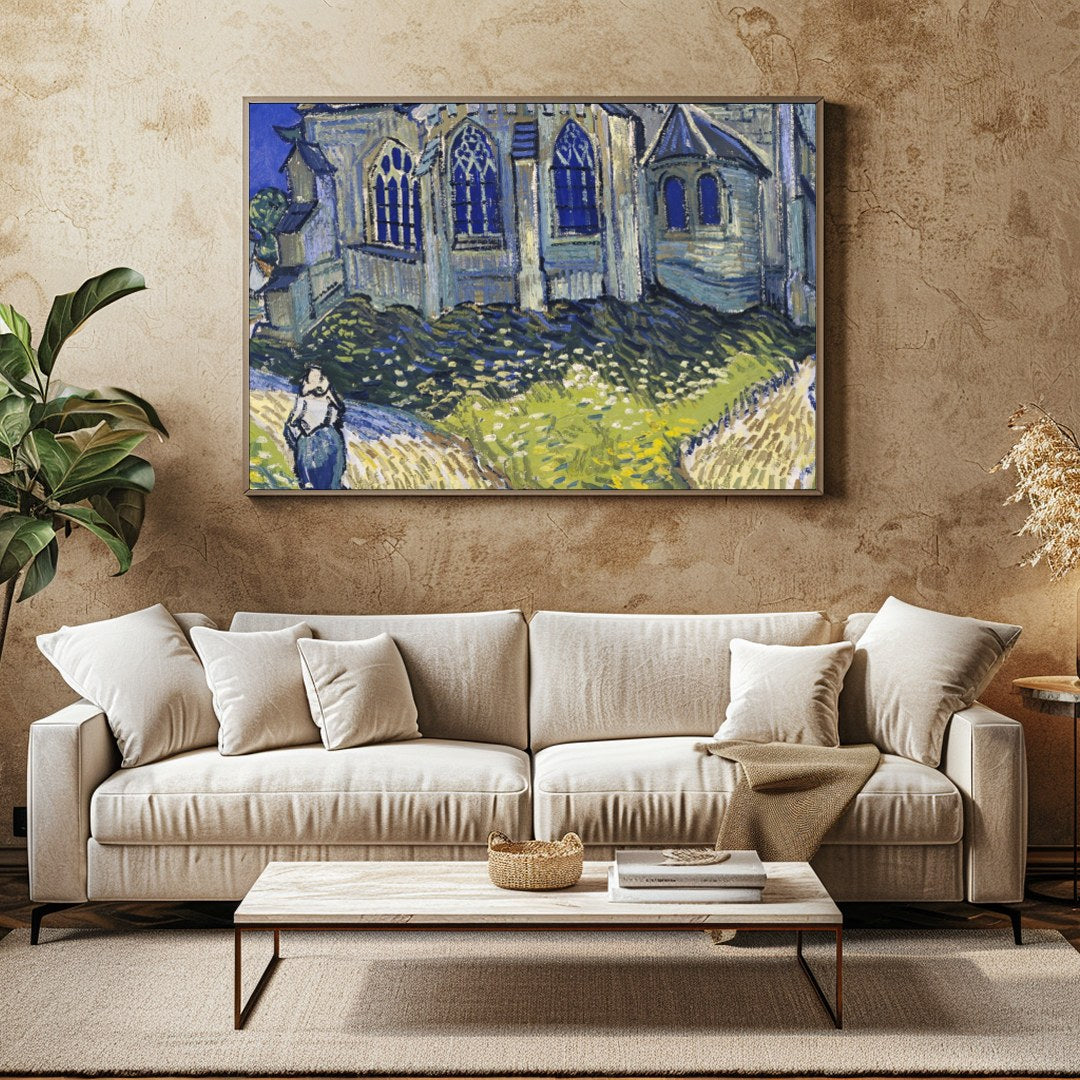 Immerse yourself in a radiant portrayal of a quaint village chapel, where vivid blues and vibrant for Family Room