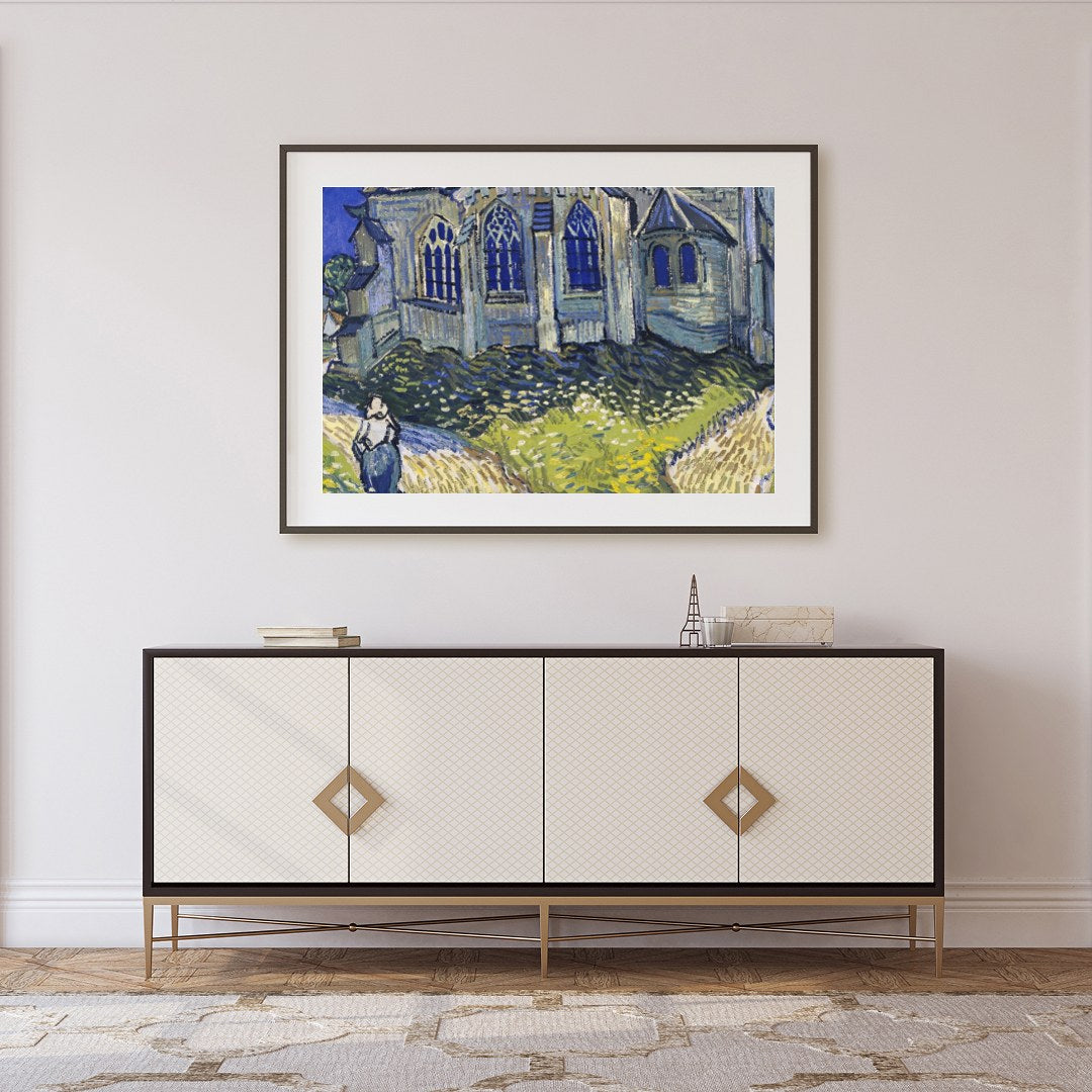 Immerse yourself in a radiant portrayal of a quaint village chapel, where vivid blues and vibrant for Foyer