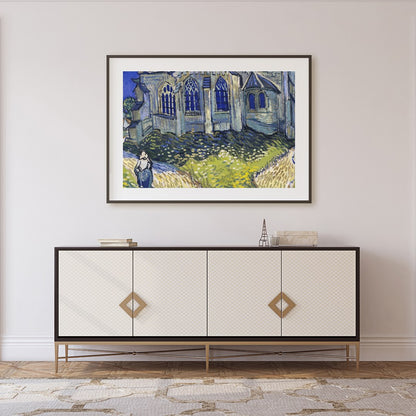 Immerse yourself in a radiant portrayal of a quaint village chapel, where vivid blues and vibrant for Foyer