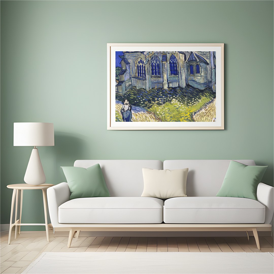 Immerse yourself in a radiant portrayal of a quaint village chapel, where vivid blues and vibrant for Hall