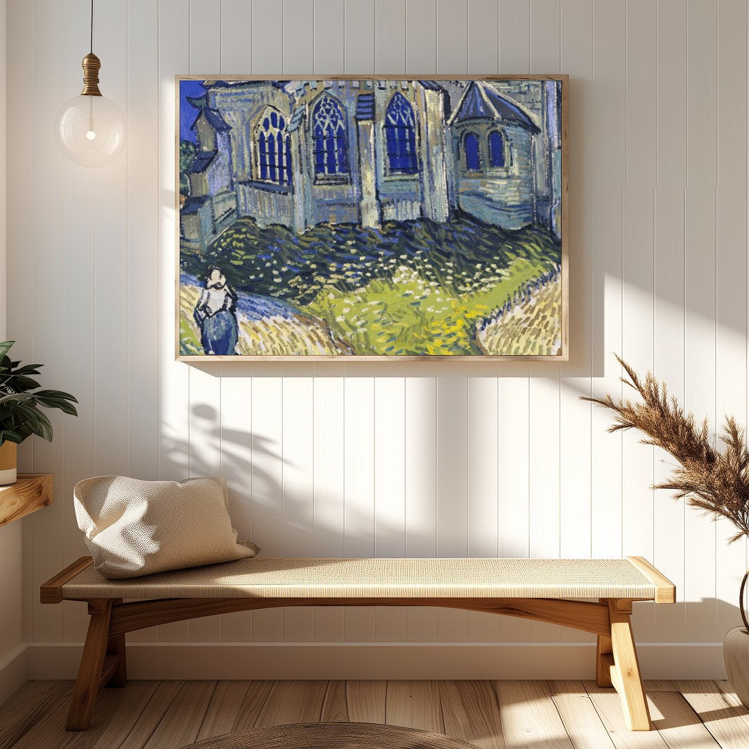 Immerse yourself in a radiant portrayal of a quaint village chapel, where vivid blues and vibrant for Hallway