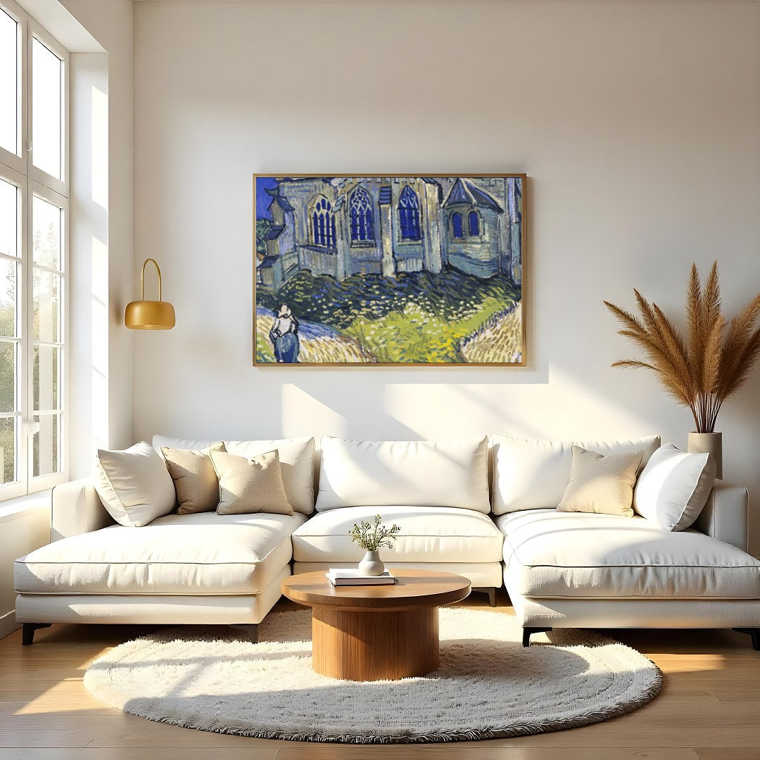 Immerse yourself in a radiant portrayal of a quaint village chapel, where vivid blues and vibrant for Living Room