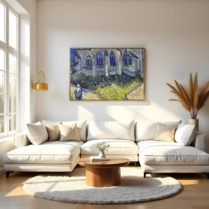 Immerse yourself in a radiant portrayal of a quaint village chapel, where vivid blues and vibrant for Living Room