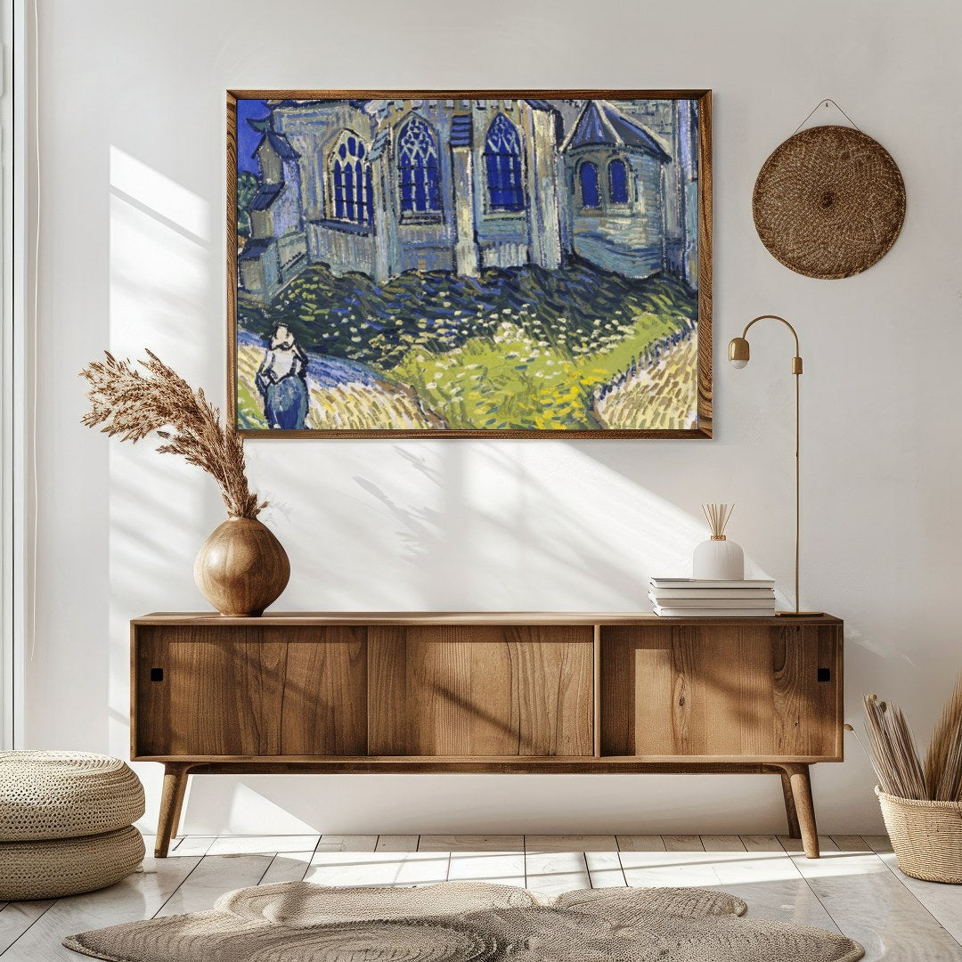 Immerse yourself in a radiant portrayal of a quaint village chapel, where vivid blues and vibrant for Sitting Area