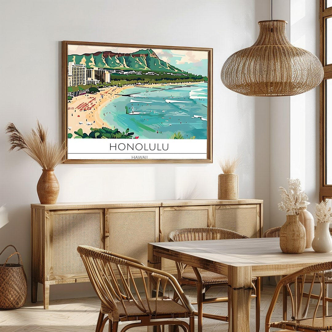 Experience the charm of Honolulu with this vibrant illustration capturing Waikiki Beach and the for Dining