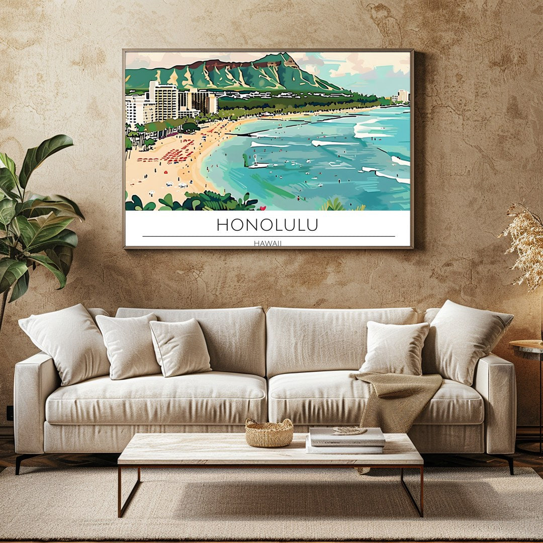 Experience the charm of Honolulu with this vibrant illustration capturing Waikiki Beach and the for Family Room