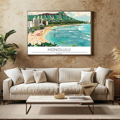 Experience the charm of Honolulu with this vibrant illustration capturing Waikiki Beach and the for Family Room