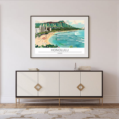 Experience the charm of Honolulu with this vibrant illustration capturing Waikiki Beach and the for Foyer