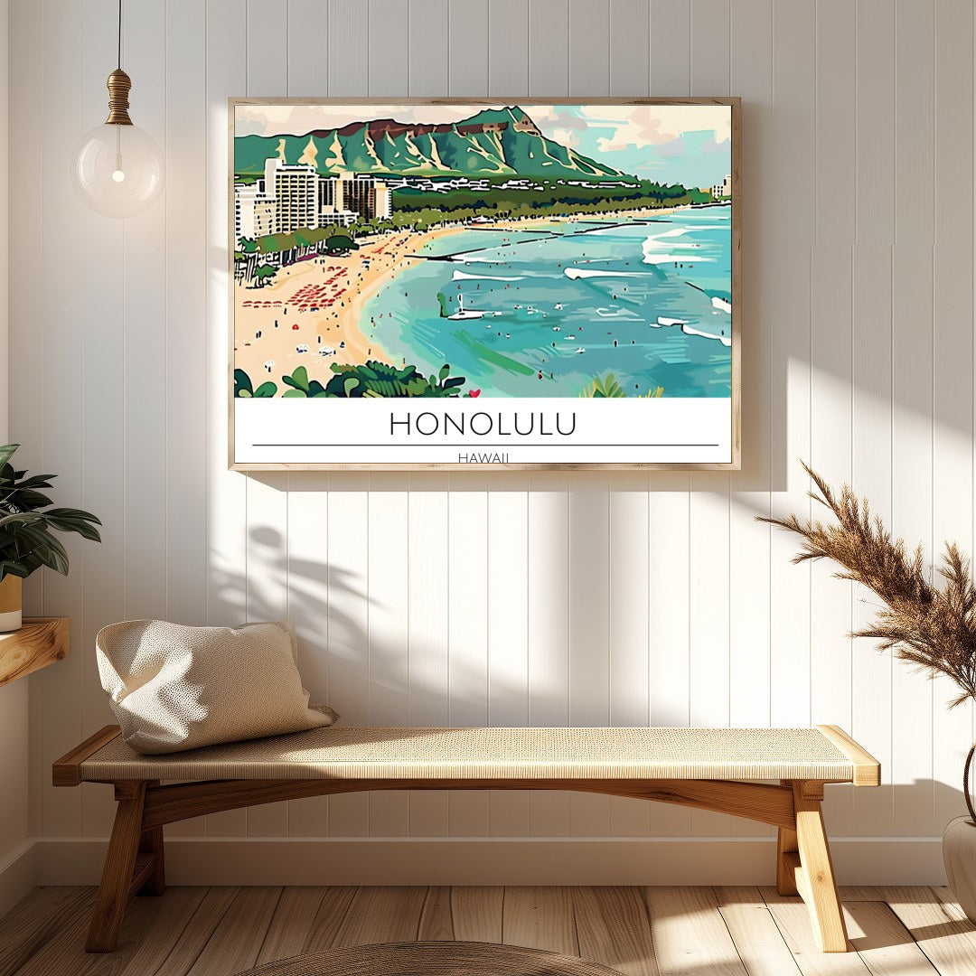 Experience the charm of Honolulu with this vibrant illustration capturing Waikiki Beach and the for gallery