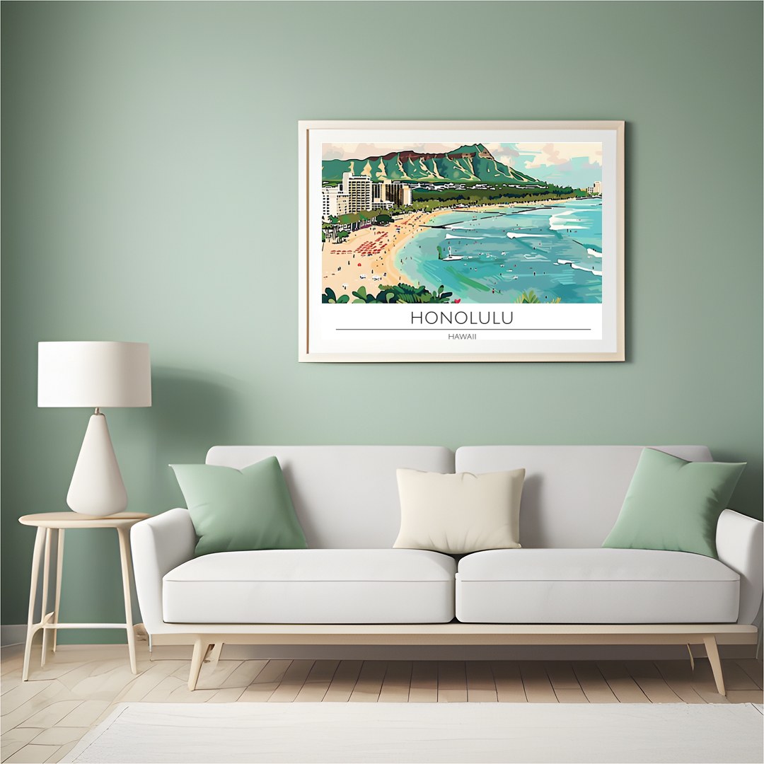 Experience the charm of Honolulu with this vibrant illustration capturing Waikiki Beach and the for Hall