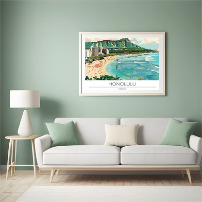 Experience the charm of Honolulu with this vibrant illustration capturing Waikiki Beach and the for Hall