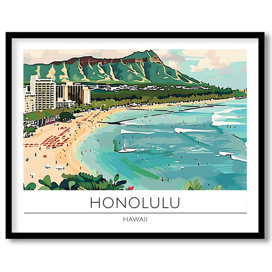 Experience the charm of Honolulu with this vibrant illustration capturing Waikiki Beach and the for hallway