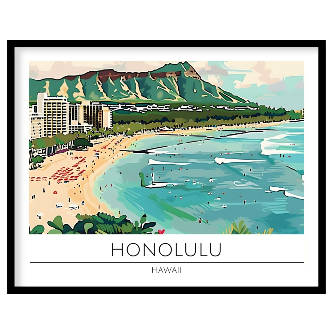 Experience the charm of Honolulu with this vibrant illustration capturing Waikiki Beach and the for hallway