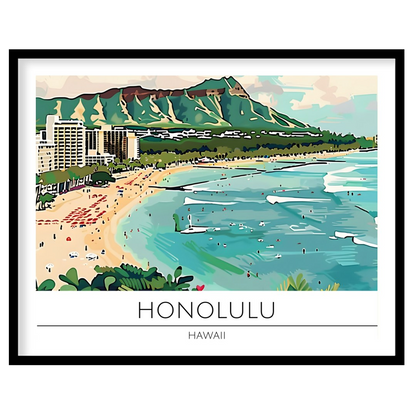 Experience the charm of Honolulu with this vibrant illustration capturing Waikiki Beach and the for hallway