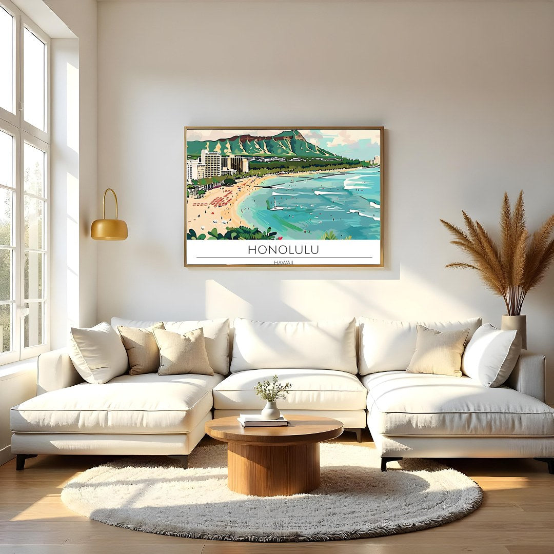 Experience the charm of Honolulu with this vibrant illustration capturing Waikiki Beach and the for Living Room
