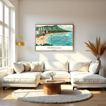 Experience the charm of Honolulu with this vibrant illustration capturing Waikiki Beach and the for Living Room