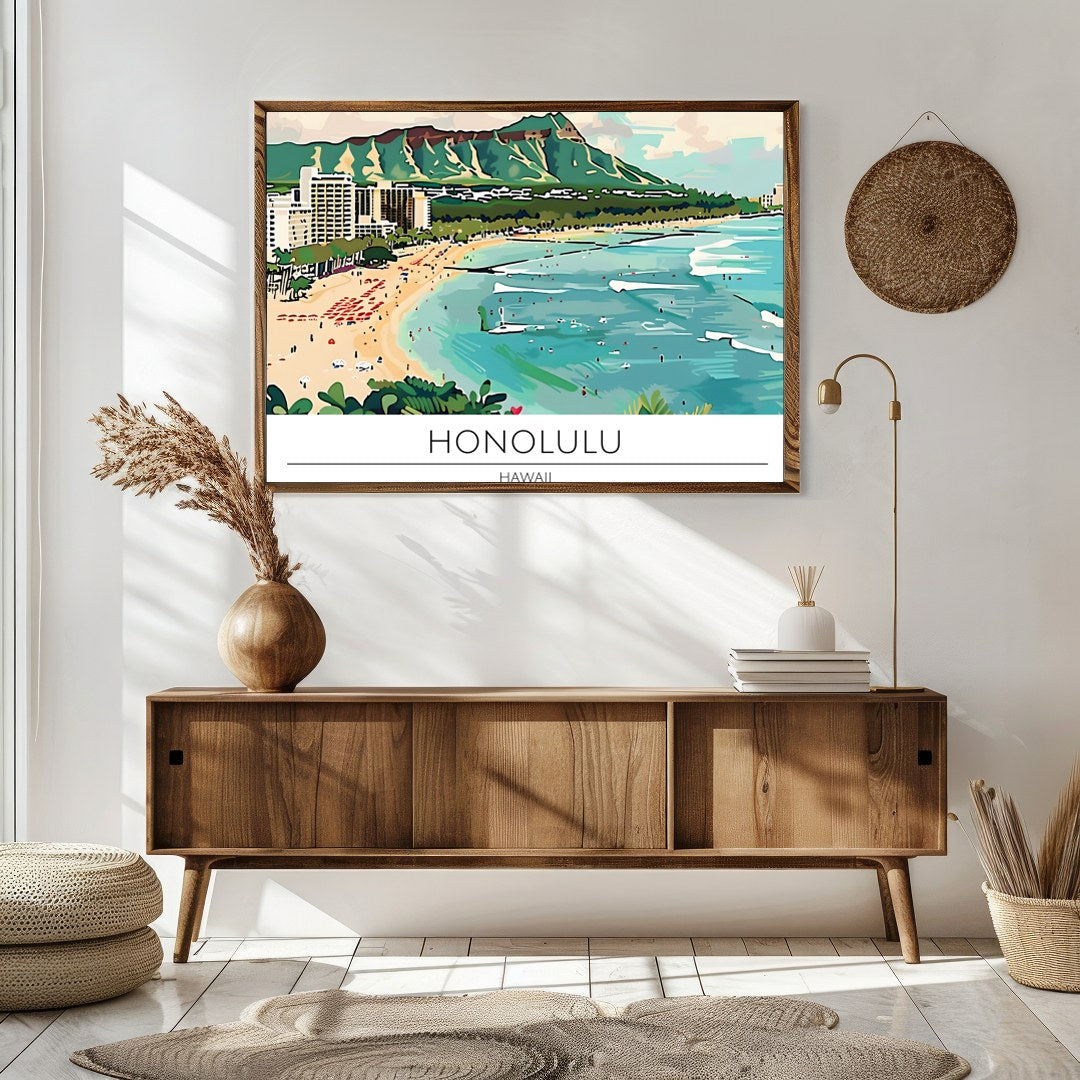 Experience the charm of Honolulu with this vibrant illustration capturing Waikiki Beach and the for Sitting Area