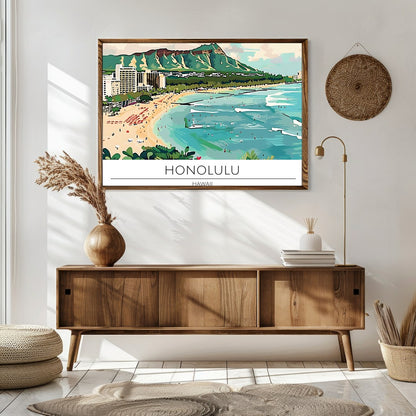 Experience the charm of Honolulu with this vibrant illustration capturing Waikiki Beach and the for Sitting Area