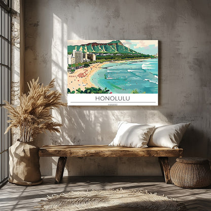 Experience the charm of Honolulu with this vibrant illustration capturing Waikiki Beach and the for Veranda