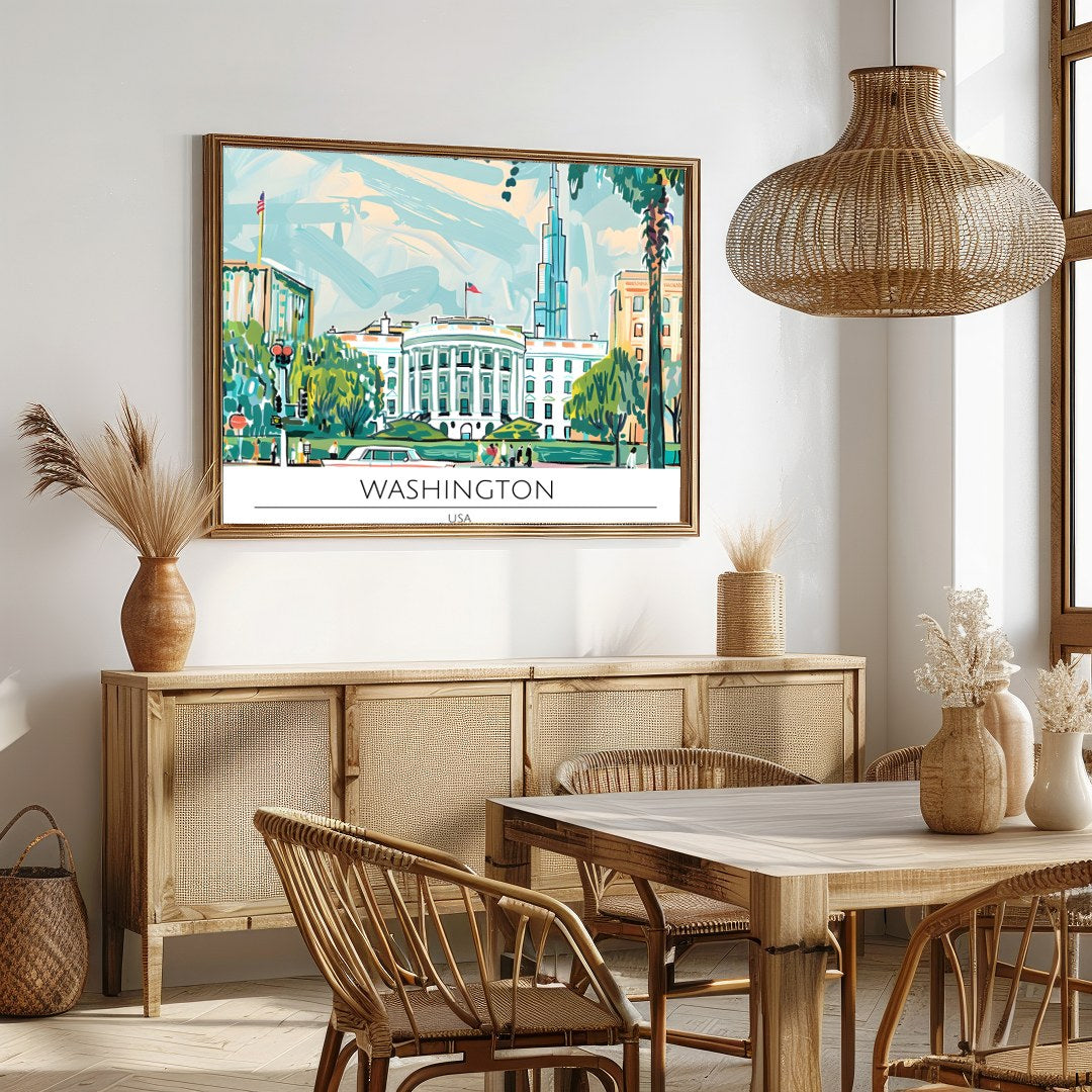 Capture the essence of Washington D.C. with this vibrant and dynamic illustration. Featuring the for Dining