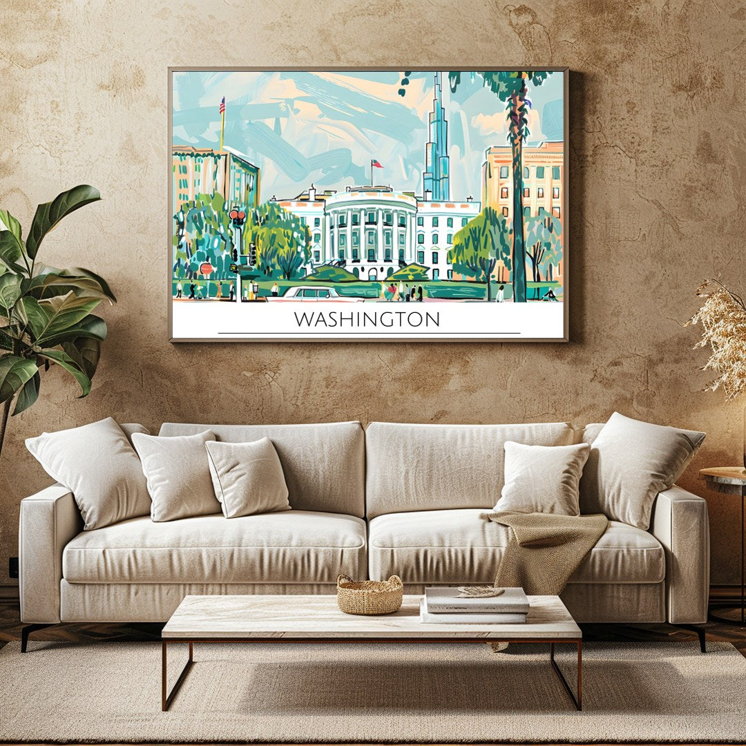 Capture the essence of Washington D.C. with this vibrant and dynamic illustration. Featuring the for Family Room