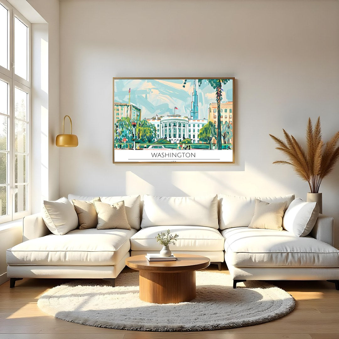 Capture the essence of Washington D.C. with this vibrant and dynamic illustration. Featuring the for Living Room