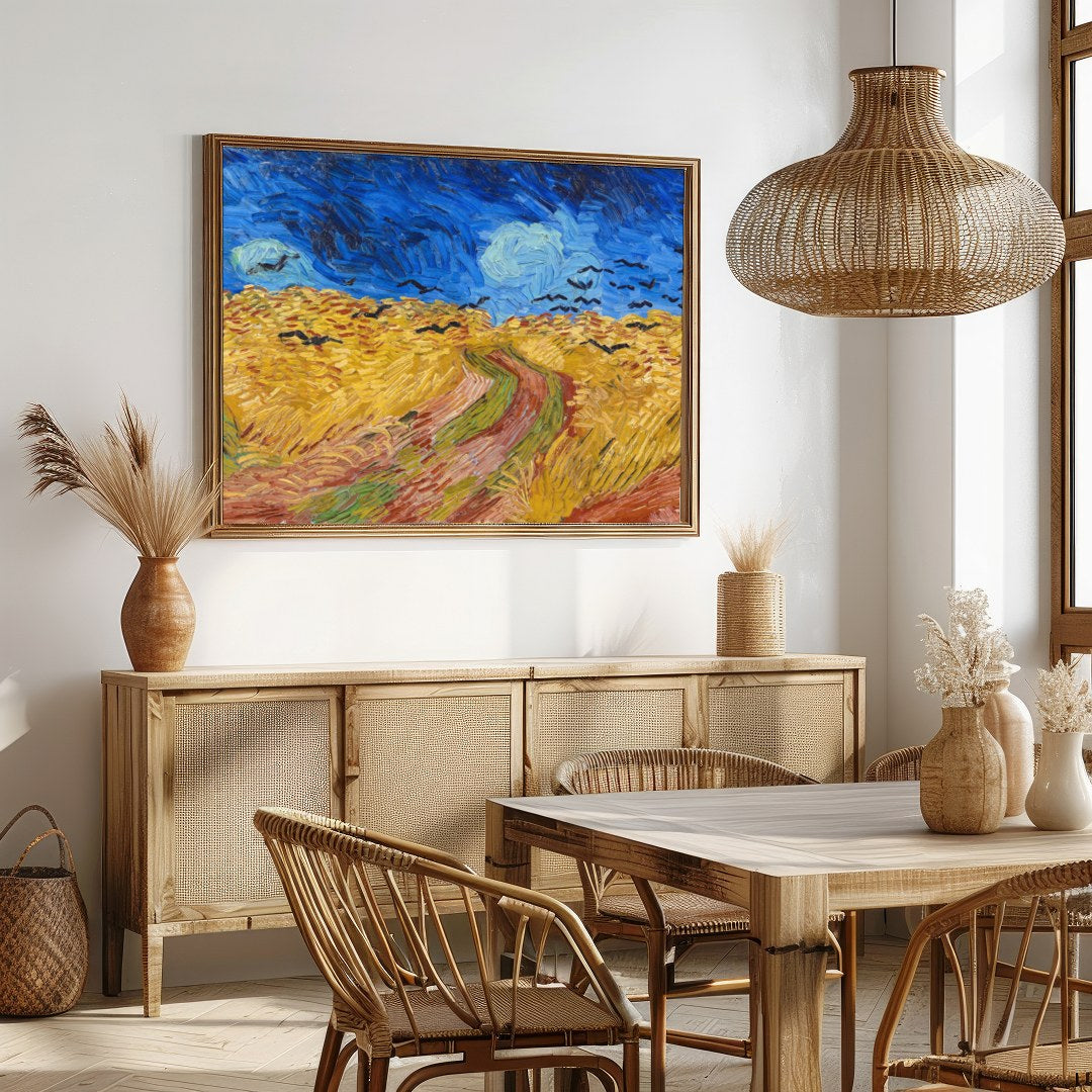 Immerse yourself in this mesmerizing artwork capturing a dramatic scene of crows soaring over a for Dining