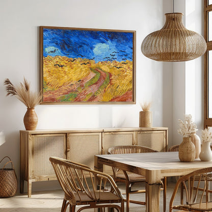 Immerse yourself in this mesmerizing artwork capturing a dramatic scene of crows soaring over a for Dining