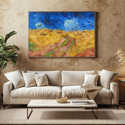 Immerse yourself in this mesmerizing artwork capturing a dramatic scene of crows soaring over a for Family Room