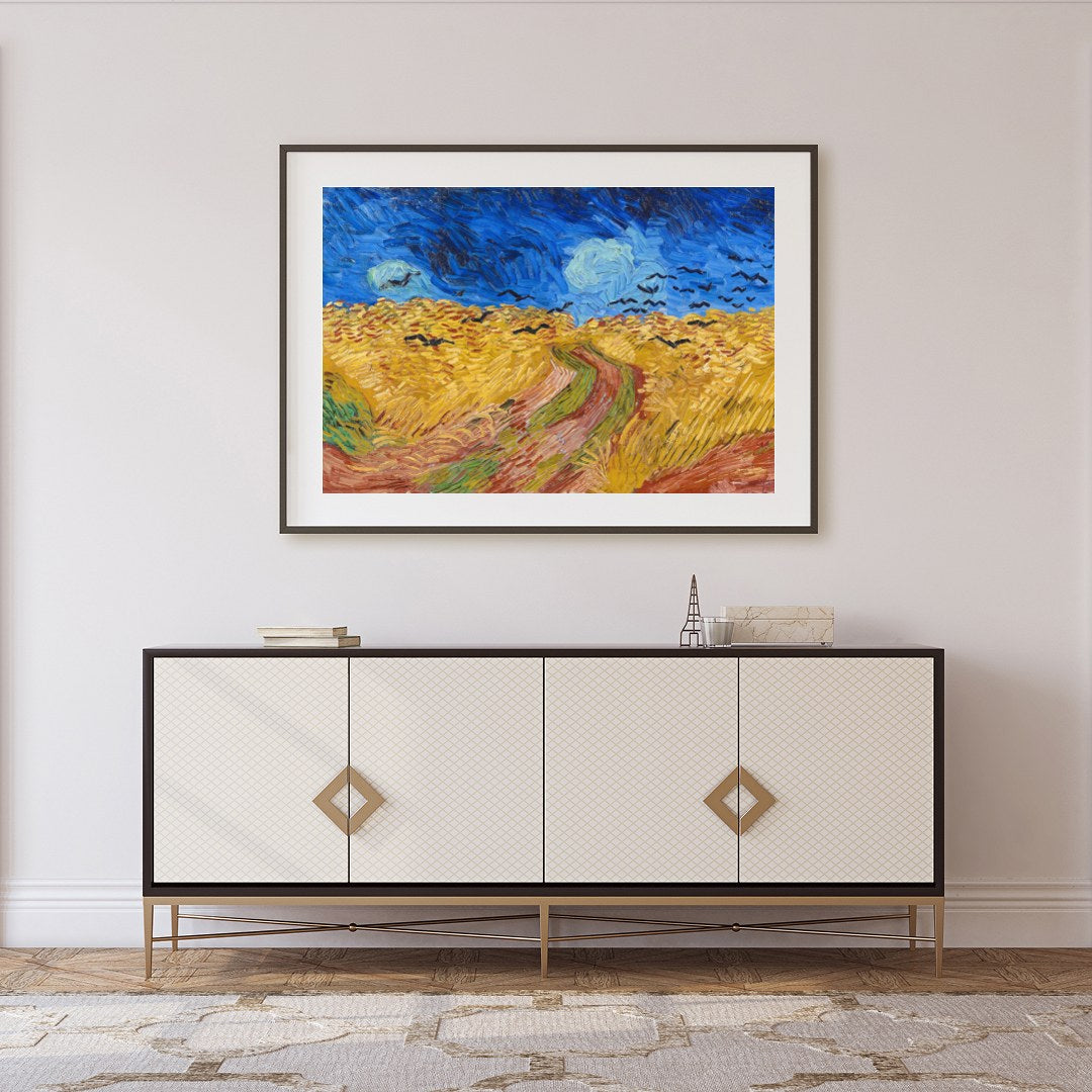 Immerse yourself in this mesmerizing artwork capturing a dramatic scene of crows soaring over a for Foyer