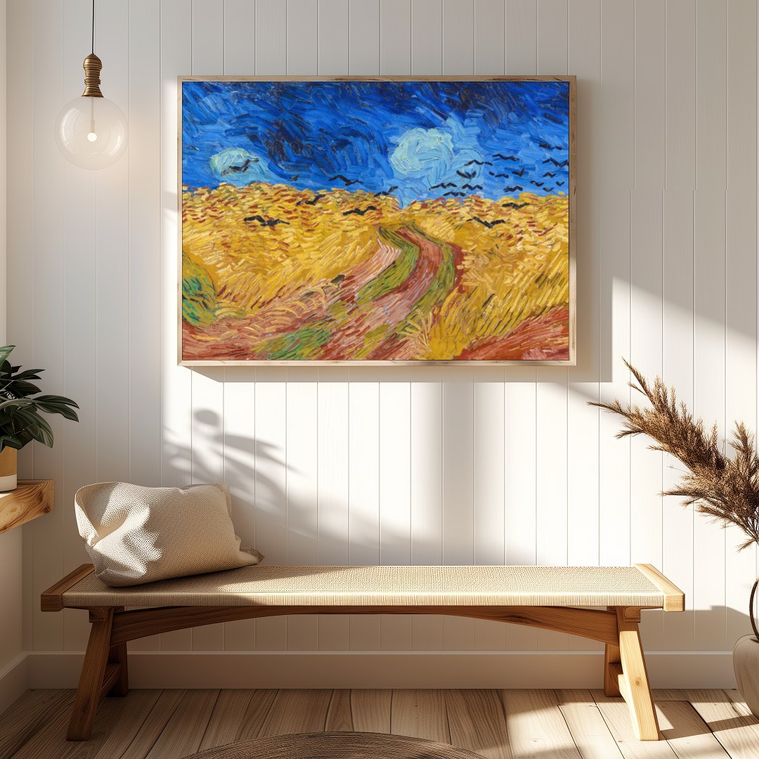 Immerse yourself in this mesmerizing artwork capturing a dramatic scene of crows soaring over a for Hallway