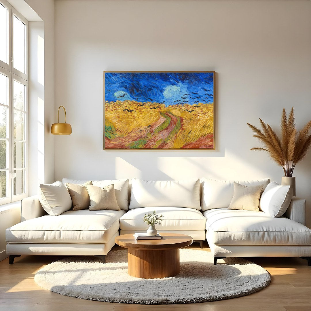Immerse yourself in this mesmerizing artwork capturing a dramatic scene of crows soaring over a for Living Room